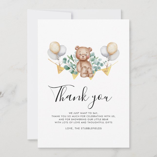 Eucalyptus and Bear Rustic Cub Bear Baby Shower Thank You Card (Front)