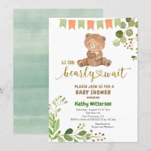Eucalyptus and Bear We Can Bearly Wait Baby Shower Invitation