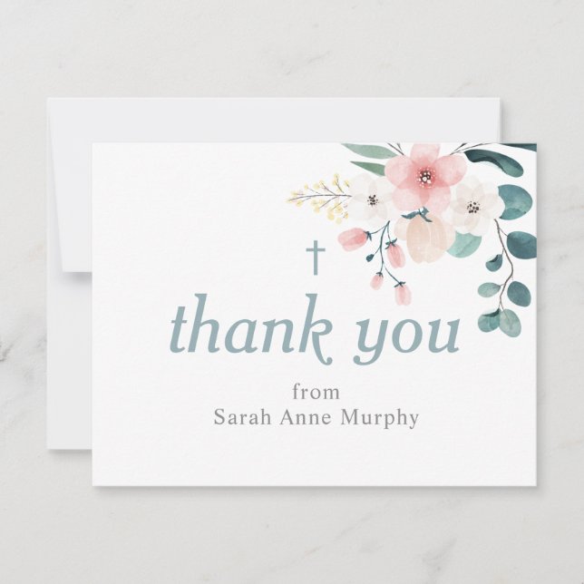 Eucalyptus and Blush Pink Flower Baptism Thank You Card (Front)