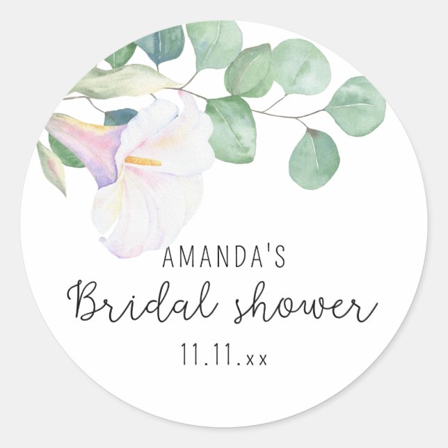 Eucalyptus and calla flower - bridal shower  classic round sticker (Front)