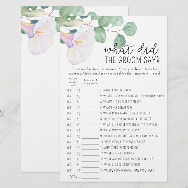 Eucalyptus and calla - What did the groom say game (Front/Back)