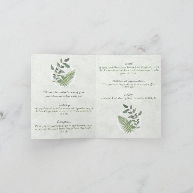 Eucalyptus and Fern Rings Wedding Fold Invitation (Inside)