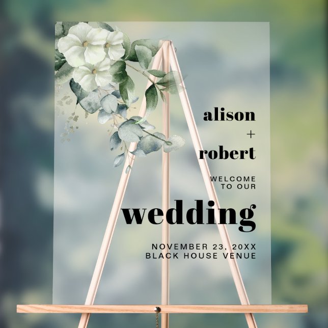 Eucalyptus and flowers frosted wedding WELCOME Acrylic Sign (Neutral)