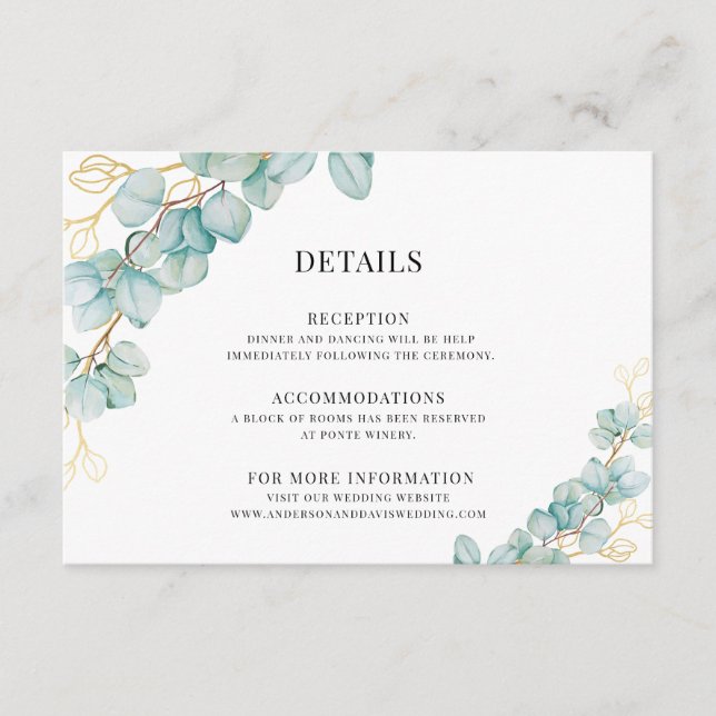 Eucalyptus and Gold Botanicals Wedding Details Enclosure Card (Front)