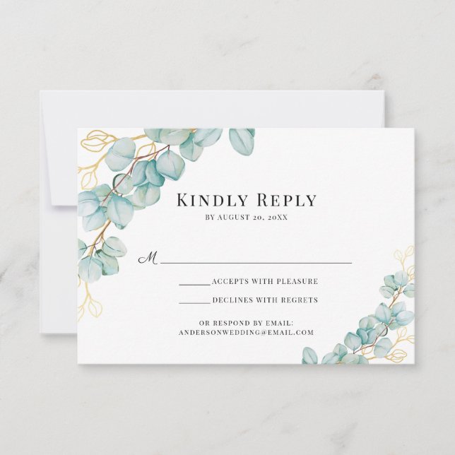 Eucalyptus and Gold Botanicals Wedding RSVP Card (Front)