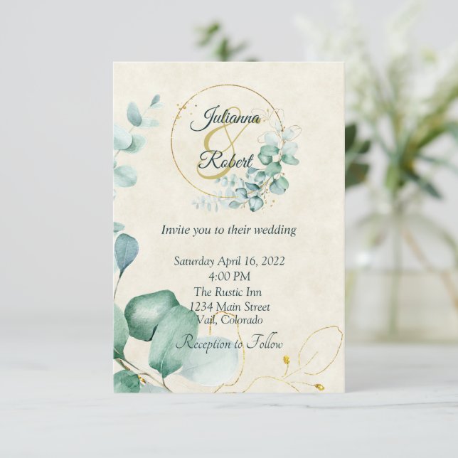 Eucalyptus and gold budget wedding invitation (Standing Front)