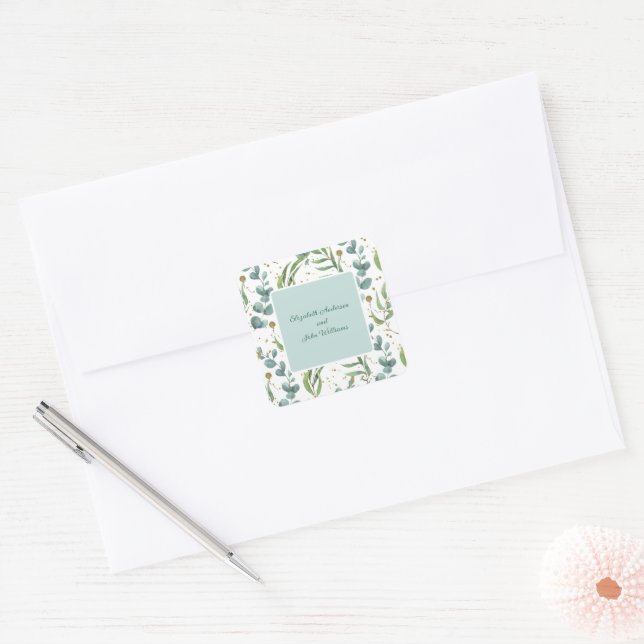 Eucalyptus And Gold Couple Wedding Square Sticker (Envelope)