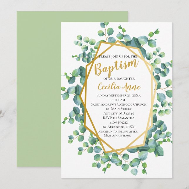 Eucalyptus and Gold Frame Green Floral Baptism Invitation (Front/Back)