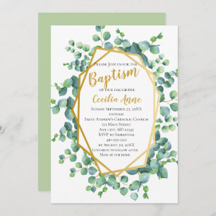 Eucalyptus and Gold Frame Green Floral Baptism Invitation