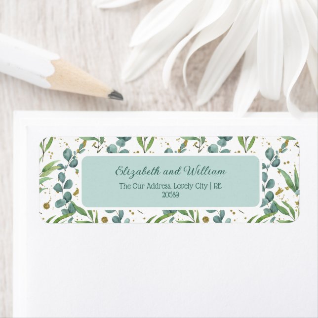 Eucalyptus And Gold Glitter Wedding Return Address (Insitu)