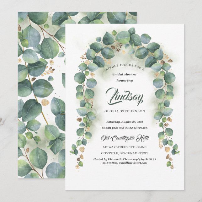 Eucalyptus and Gold Greenery Garland Bridal Shower Invitation (Front/Back)