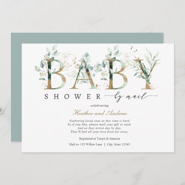 Eucalyptus and Gold Lettering Baby Shower by Mail Invitation (Front/Back)
