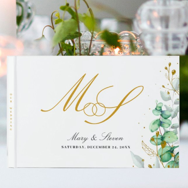 Eucalyptus and gold Monogram Wedding Guest Book (I wish you happiness))))
