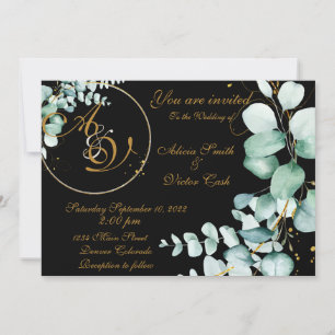 Eucalyptus and gold on black invitation