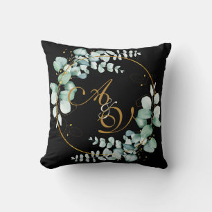 Eucalyptus and gold on black personalised wedding cushion