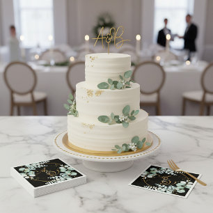 Eucalyptus and gold on black personalised wedding napkin
