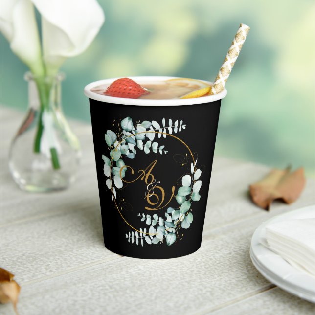 Eucalyptus and gold on black personalised wedding  paper cups (Insitu)
