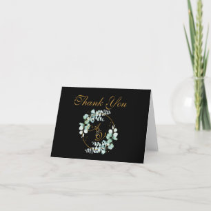 Eucalyptus and gold on black personalised wedding  thank you card