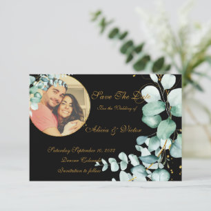 Eucalyptus and gold on black photo save the date invitation