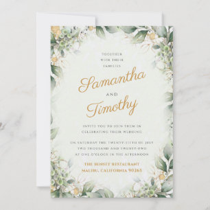 Eucalyptus and gold wreath wedding invitation