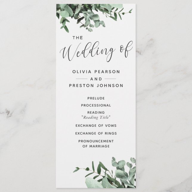 Eucalyptus and Greenery Watercolor Wedding Program Programme (Front)