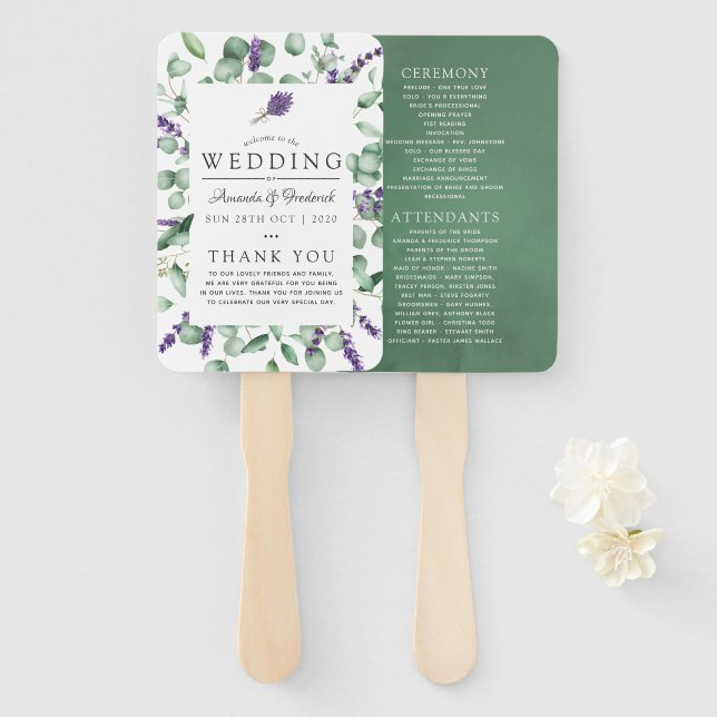 Eucalyptus and Lavender Greenery Wedding Program Hand Fan (Front and Back)