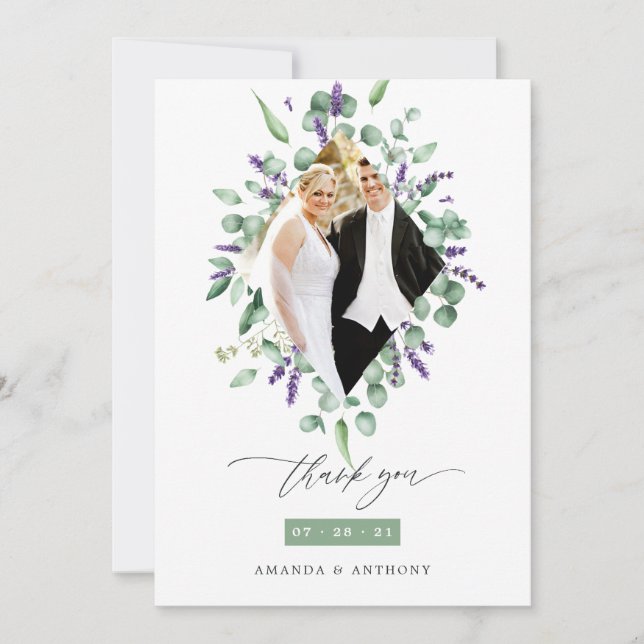 Eucalyptus and Lavender Woodland Greenery Wedding Thank You Card (Front)