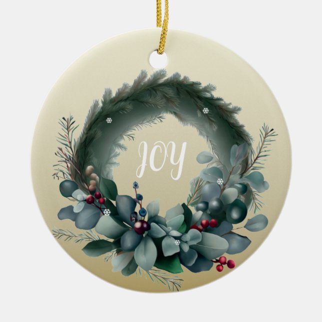 Eucalyptus and Pine Branch Wreath Ceramic Tree Decoration (Front)