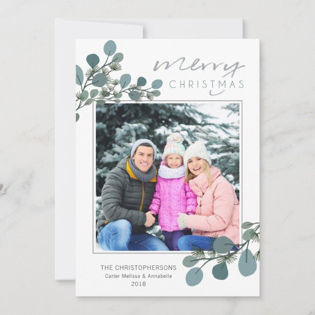 Eucalyptus and Pine Merry Christmas Photo Holiday Card (Front)