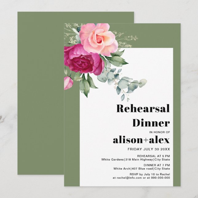 Eucalyptus and pink roses wedding rehearsal dinner invitation (Front/Back)