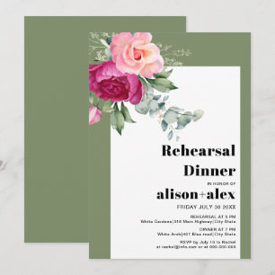 Eucalyptus and pink roses wedding rehearsal dinner invitation