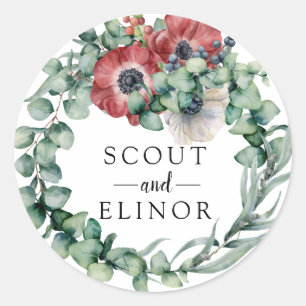 Eucalyptus and Red Floral Wedding Favour Classic Round Sticker