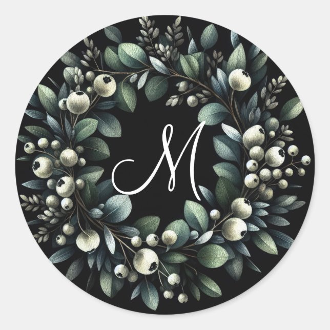 Eucalyptus and Snowberries Wreath Watercolor Classic Round Sticker (Front)