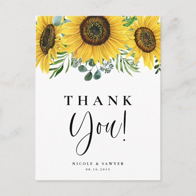 Eucalyptus and Sunflowers Wedding Thank You Postcard (Front)