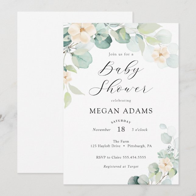 Eucalyptus and White Flowers Baby Shower Invitatio Invitation (Front/Back)