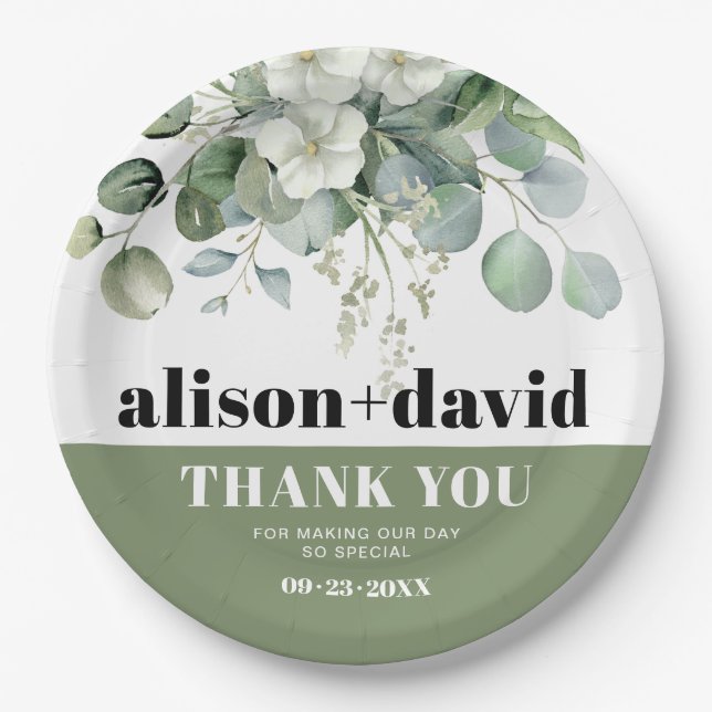Eucalyptus and white flowers typography wedding paper plate (Front)