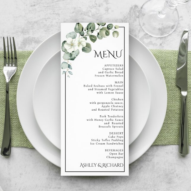 Eucalyptus and white flowers wedding menu card (Creator Uploaded)