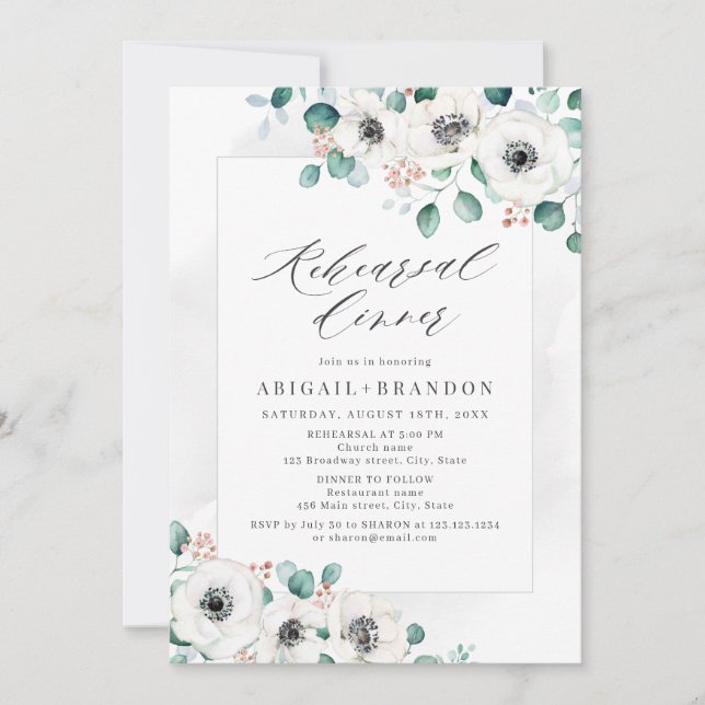 Eucalyptus anemone floral rehearsal dinner invitat invitation (Front)
