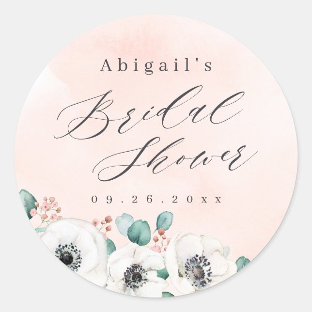 Eucalyptus anemone floral rustic bridal shower  classic round sticker (Front)