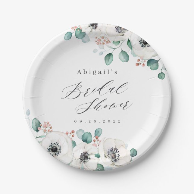 Eucalyptus anemone floral rustic bridal shower paper plate (Front)