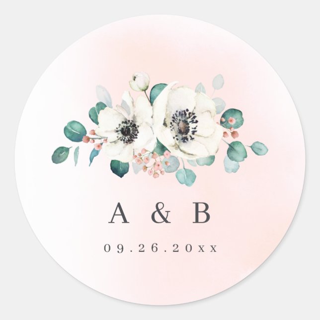 Eucalyptus anemone floral rustic monogram  classic round sticker (Front)
