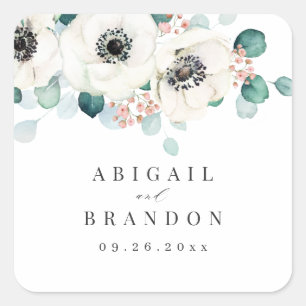 Eucalyptus anemone floral rustic monogram square sticker