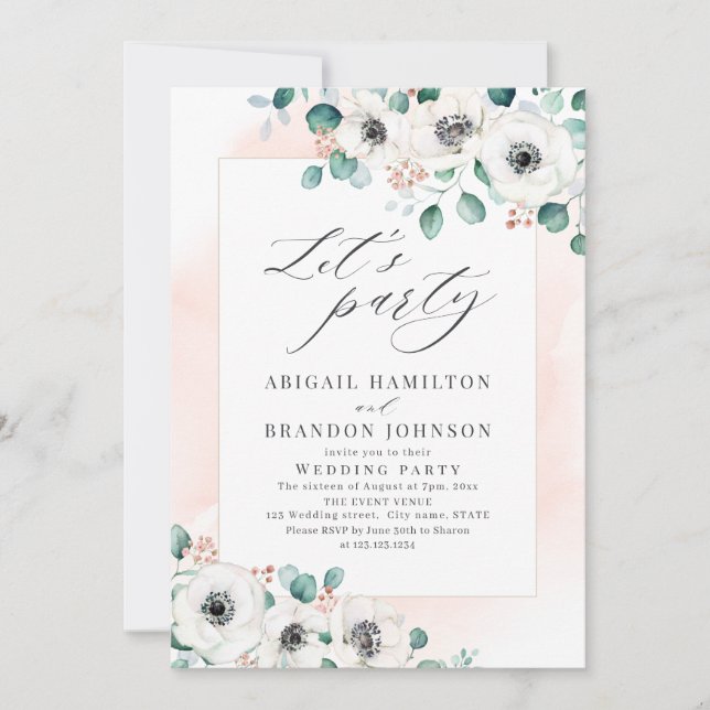 Eucalyptus anemone floral rustic wedding party invitation (Front)