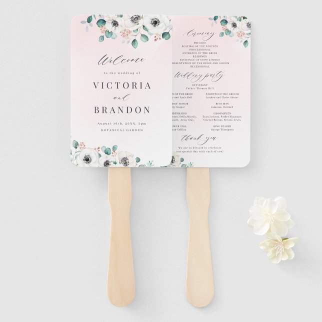 Eucalyptus anemone floral rustic wedding programs hand fan (Front and Back)