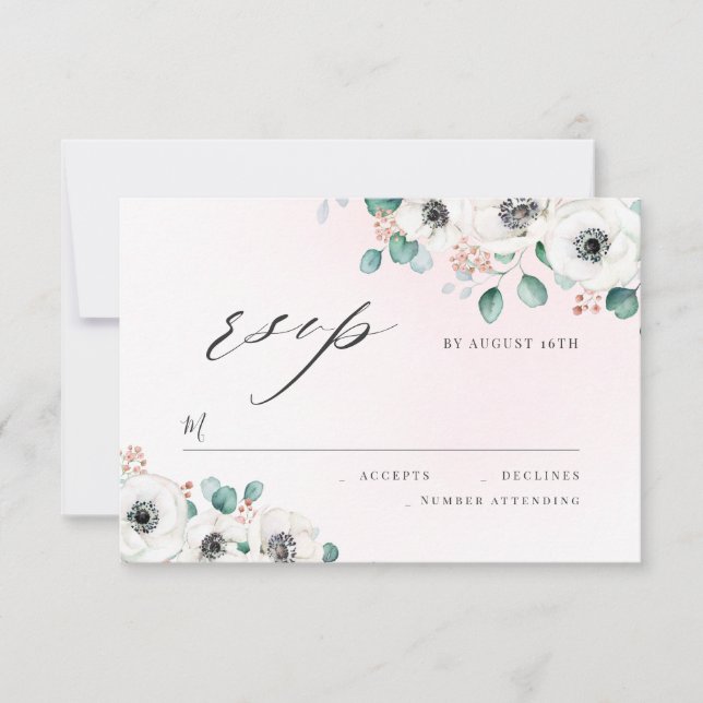 Eucalyptus anemone floral rustic wedding RSVP (Front)
