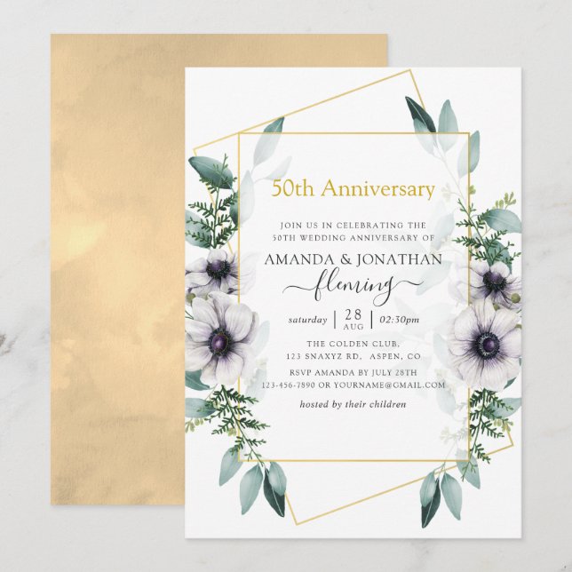 Eucalyptus Anemone Geometric 50th Anniversary Invitation (Front/Back)