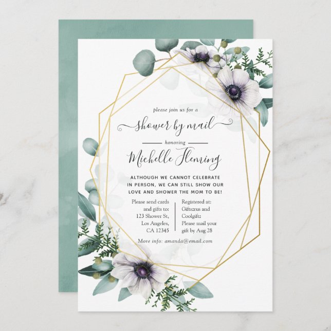 Eucalyptus Anemone Geometric Baby Shower by Mail Invitation (Front/Back)