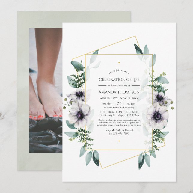 Eucalyptus Anemone Geometric Celebration of Life Invitation (Front/Back)