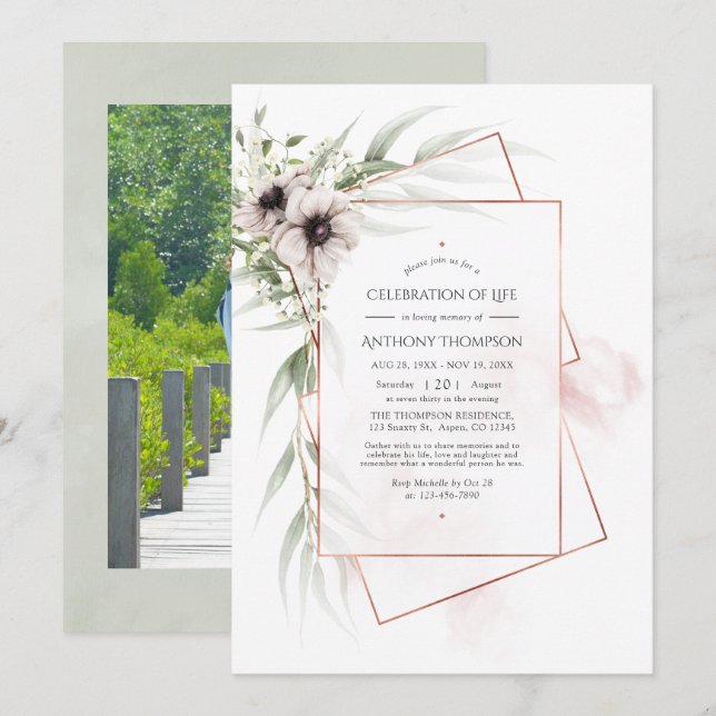 Eucalyptus Anemone Geometric Celebration of Life Invitation (Front/Back)