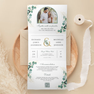 Eucalyptus Arch Photo All in One QR Code Wedding Tri-Fold Invitation